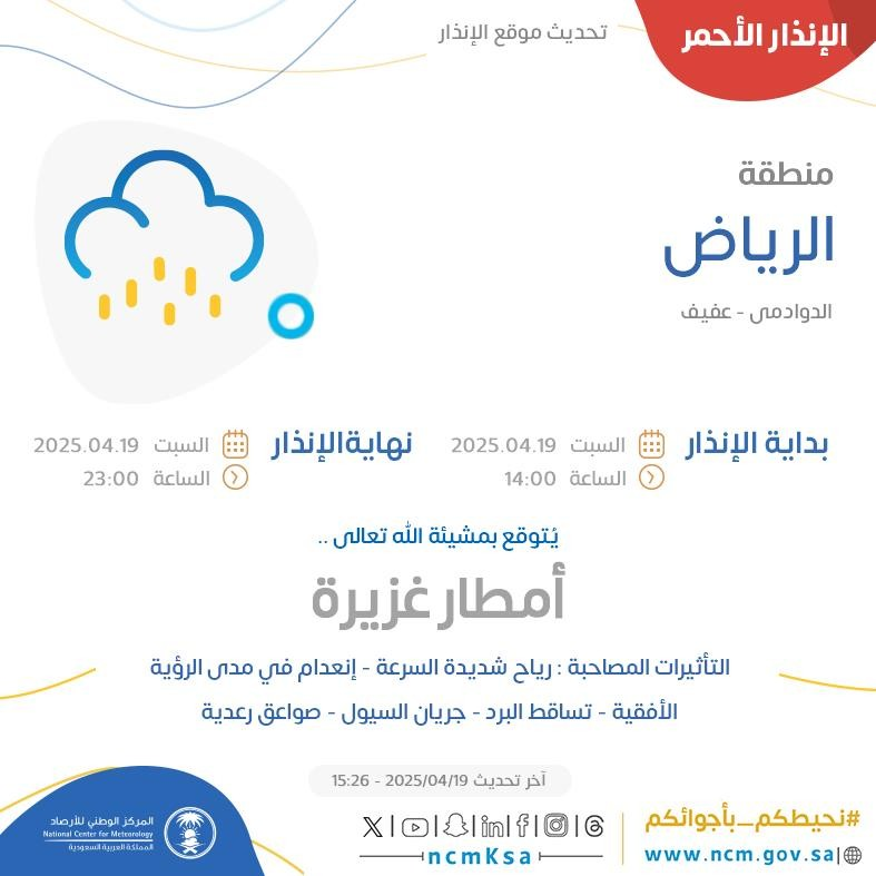 الإنذار الأحمر في منطقة الرياض من المركز الوطني للأرصاد السعودي .. التفاصيل من هنا