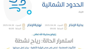 حالة الطقس: الإنذار الأصفر في منطقة الحدود الشمالية في طريف من المركز الوطني للأرصاد