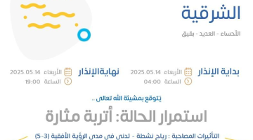 حالة الطقس اليوم في الشرقية: الإنذار الأصفر في الأحساء والعديد وبقيق