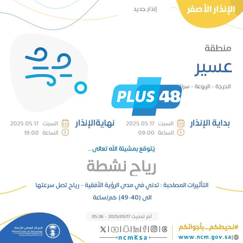 حالة الطقس اليوم في عسير: الإنذار الأصفر في الحرجة والربوعة وسراة عبيده وظهران الجنوب