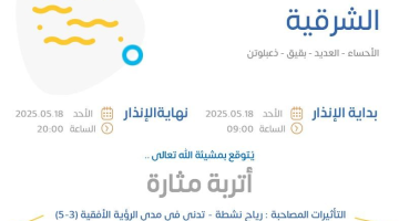 حالة الطقس اليوم في الشرقية: الإنذار الأصفر في الأحساء والعديد وبقيق وذعبلوتن