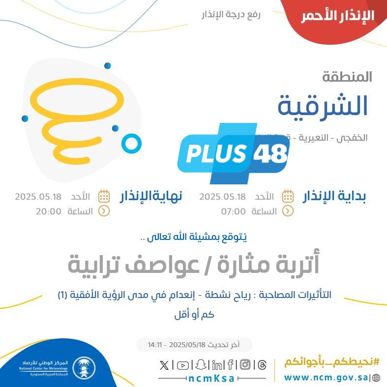 حالة الطقس اليوم في الشرقية: الإنذار الأحمر في الخفجي والنعيرية وقرية العليا