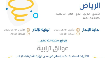 حالة الطقس اليوم في الرياض: الإنذار البرتقالي في الأفلاج والحريق والخرج والدلم والمزاحمية وحوطة بني تميم