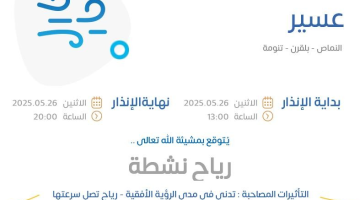 حالة الطقس اليوم في عسير: الإنذار الأصفر في النماض وبلقرن وتنومة