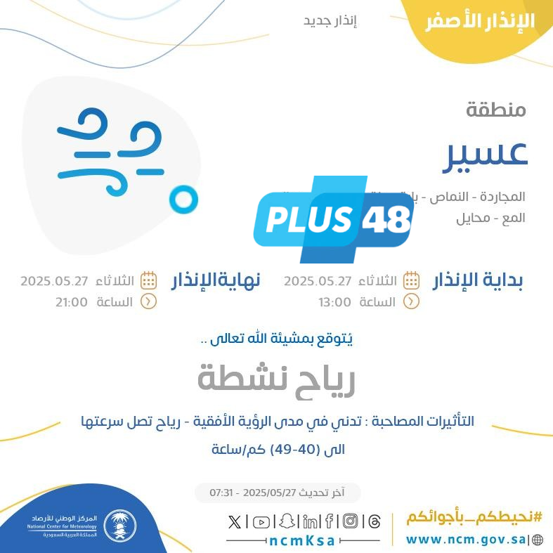 حالة الطقس اليوم في عسير: الإنذار الأصفر في المجاردة والنماص وبارق وبلقرن وتنومة ورجال المع ومحايل