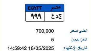 طرح لوحة سيارة مميزة رقمها “جـ د ع – 999” بسعر 700 ألف جنيه
