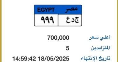 طرح لوحة سيارة مميزة رقمها “جـ د ع – 999” بسعر 700 ألف جنيه
