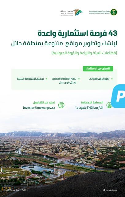 (43) فرصة استثمارية في #حائل بمساحات تتجاوز (143) مليون م3 لتعزيز التنمية الزراعية والحيوانية والسياحية