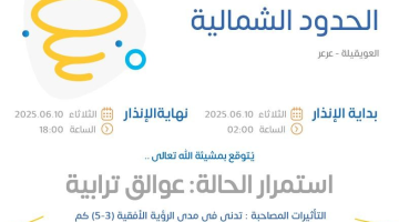 حالة الطقس اليوم في الحدود الشمالية: الإنذار الأصفر في العويقيلة وعرعر