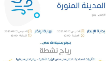 بالإنفوجرافيك .. حالة الطقس اليوم في المدينة المنورة: الإنذار الأصفر في الرايس وينبع