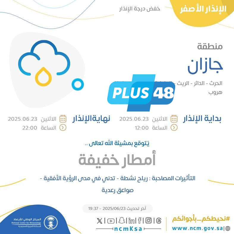 حالة الطقس اليوم في جازان: الإنذار الأصفر في الحرث والدائر والريث والعارضة والعيدابي وفيفا وهروب
