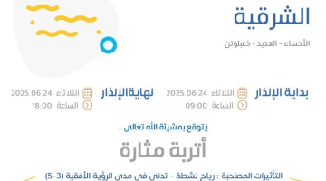 حالة الطقس اليوم في المنطقة الشرقية: الإنذار الأصفر في الأحساء والعديد وذعبلوتن