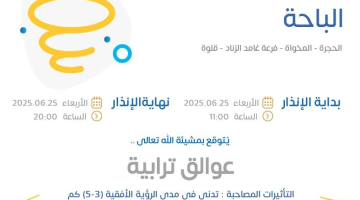 حالة الطقس غدًا في الباحة: الإنذار الأصفر في الحجرة والمخواة وفرغة غامد الزناد وقلوة